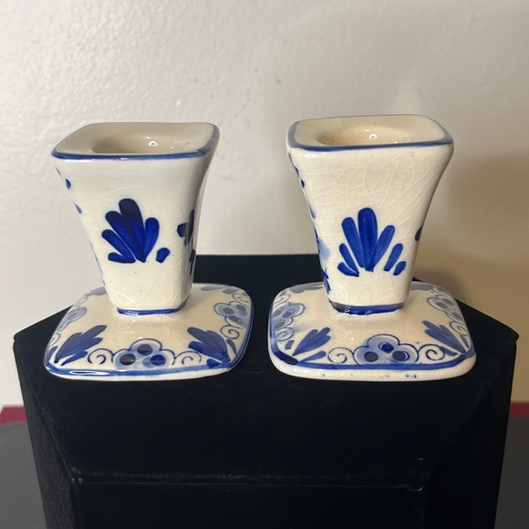 Vintage Delft Blue Windmill Floral Pair of Taper Candlestick Holders - Picture 2 of 8